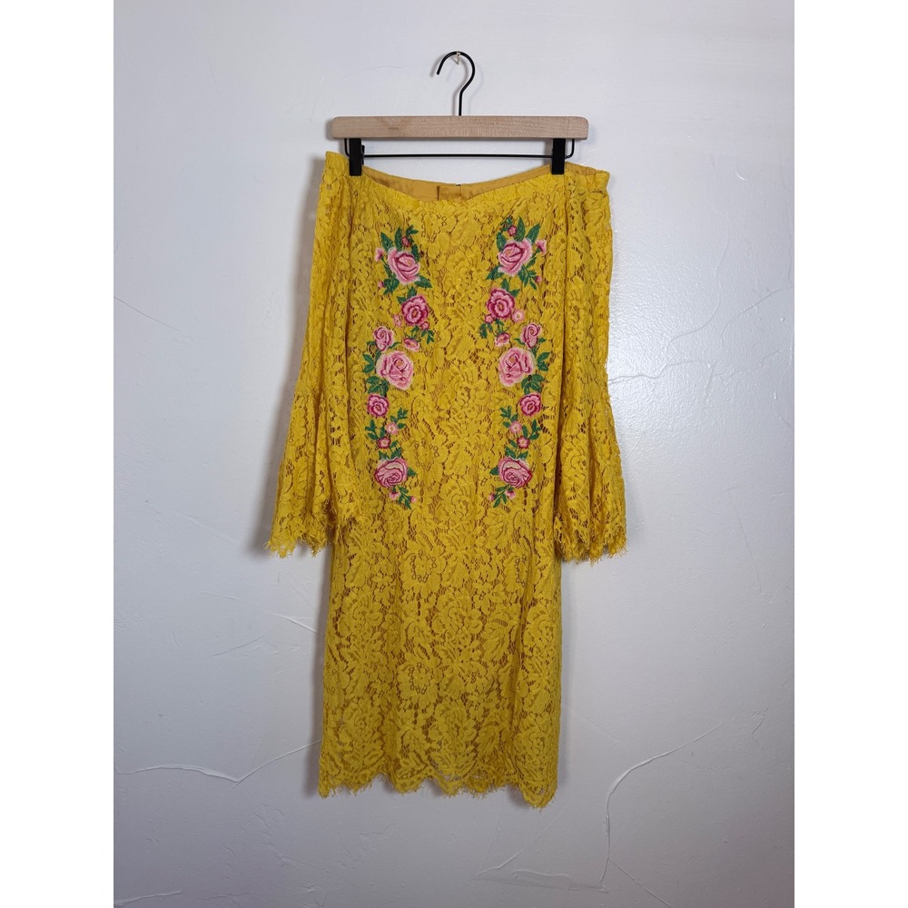 Umgee Mustard Yellow Lace Embroidered Off Shoulder Bell Sleeve Dress L